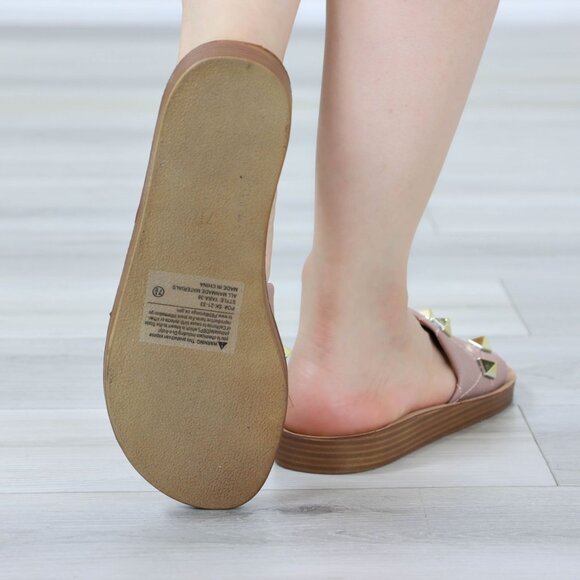 Blush Flat Comfort Flexible Sandal Slip On Sliders Trendy Gold Studs Glittery To - Picture 15 of 15